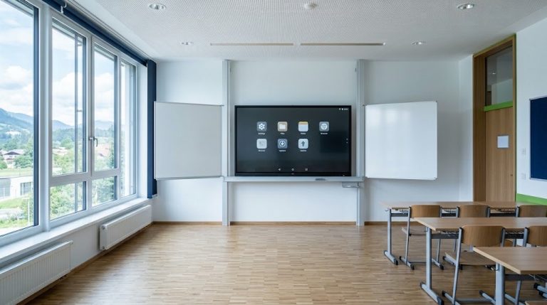 Klassenraum mit interaktivem Touchdisplay und Schreibflügeln aus Stahl-Emaille
