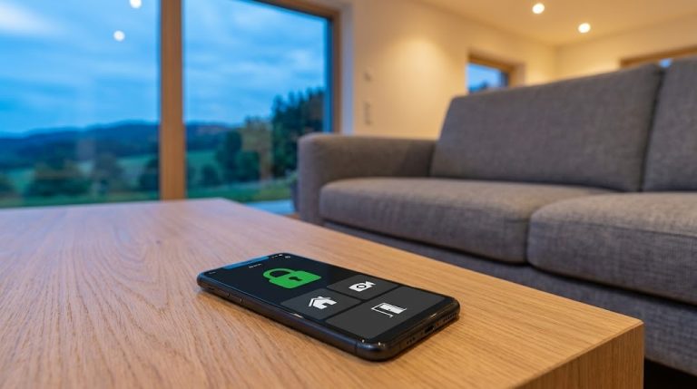 Smartphone mit Alarm-App auf dem Wohnzimmertisch